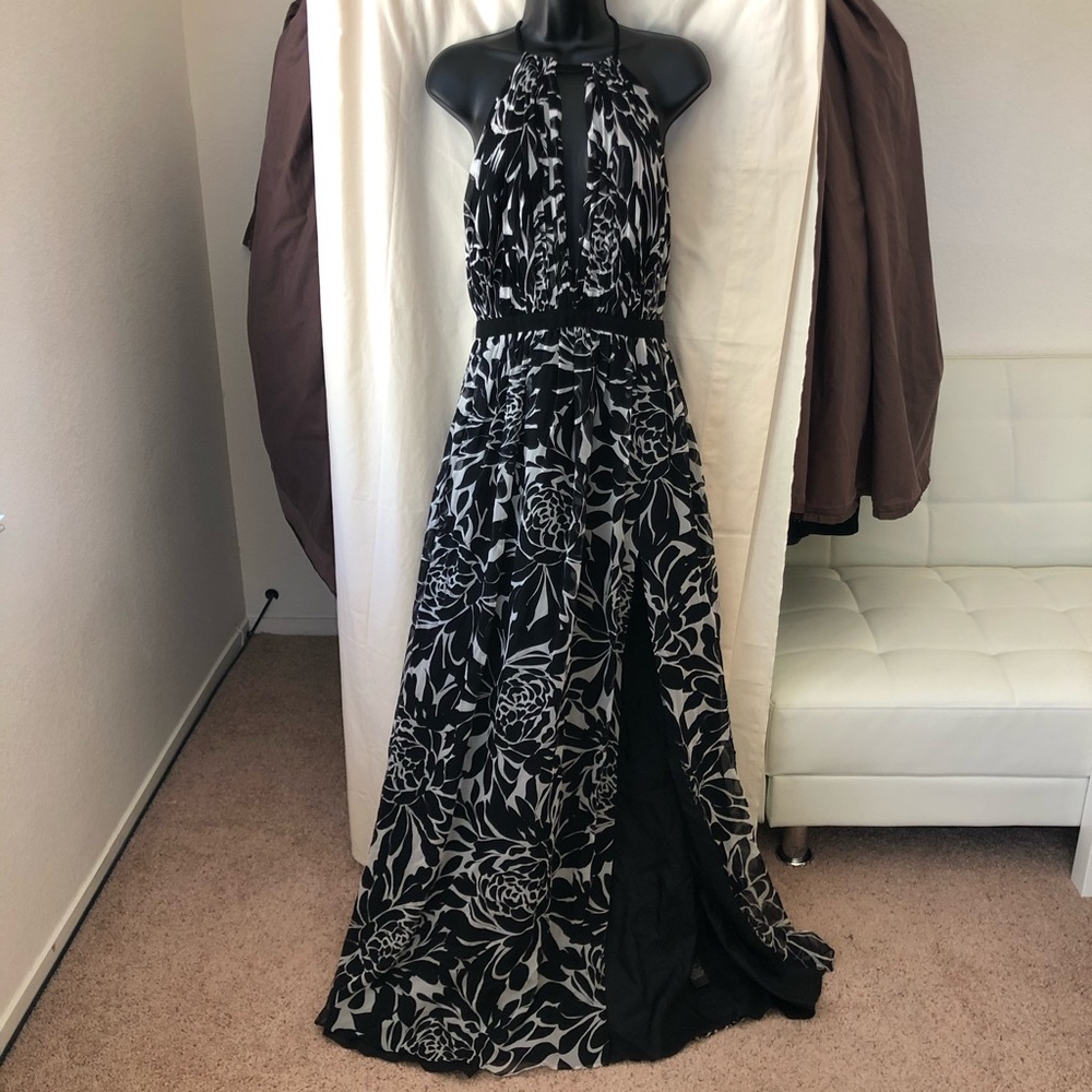 Jill Stuart Black and White Floral Halter Maxi Dress